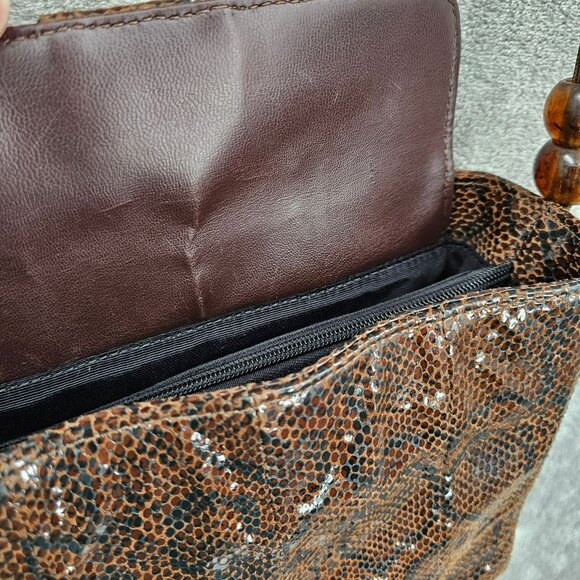 Basix New York Snake Print Textured Leather Shoulder Bag Brown Black Beads Strap - Picture 10 of 14